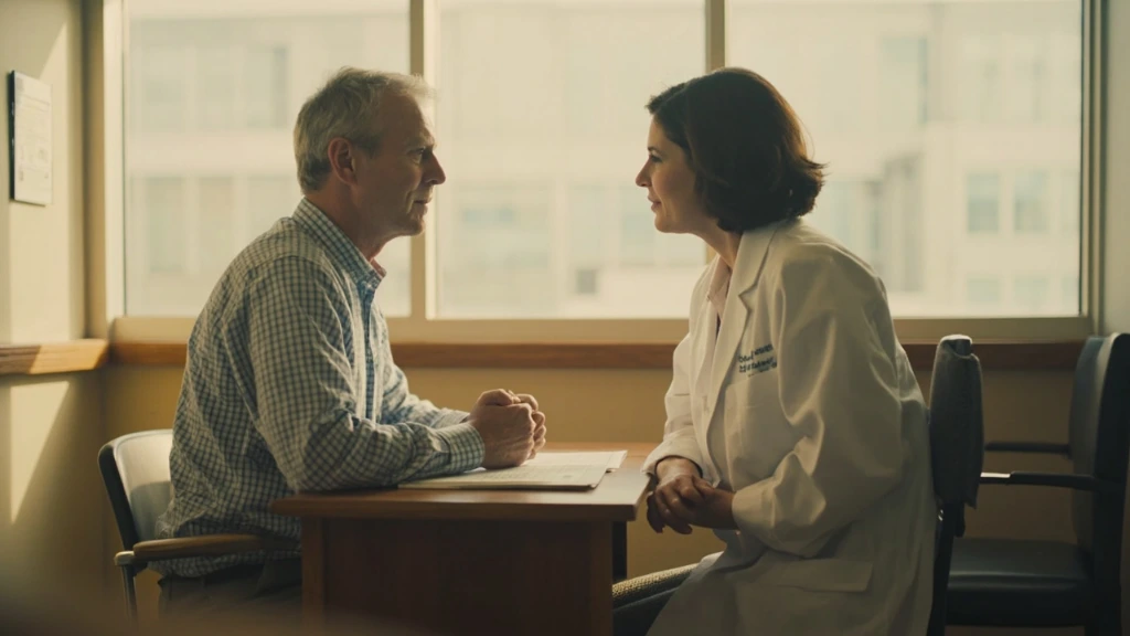 A primary care physician sits at eye level with an adult patient in a sunlit exam room at HealthcareClinic, Brookline.
