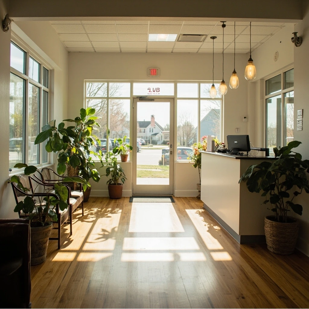 Worcester clinic interior with bay windows and hardwood floors.