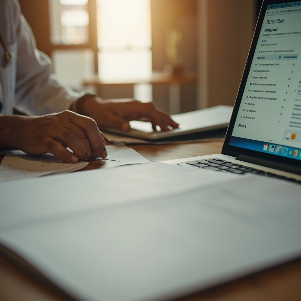 A close-up photograph of a physician's hand writing notes in a paper chart beside an open laptop showing the HealthcareClinic patient portal.