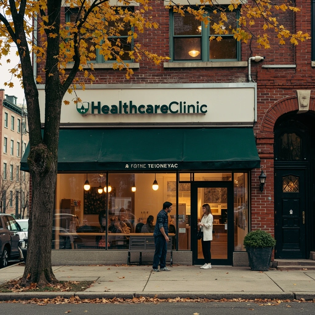 Cambridge clinic storefront with brick facade and small awning.