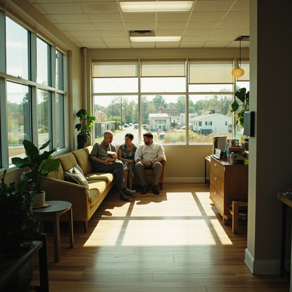Providence clinic waiting area with mid-century furniture and plants.