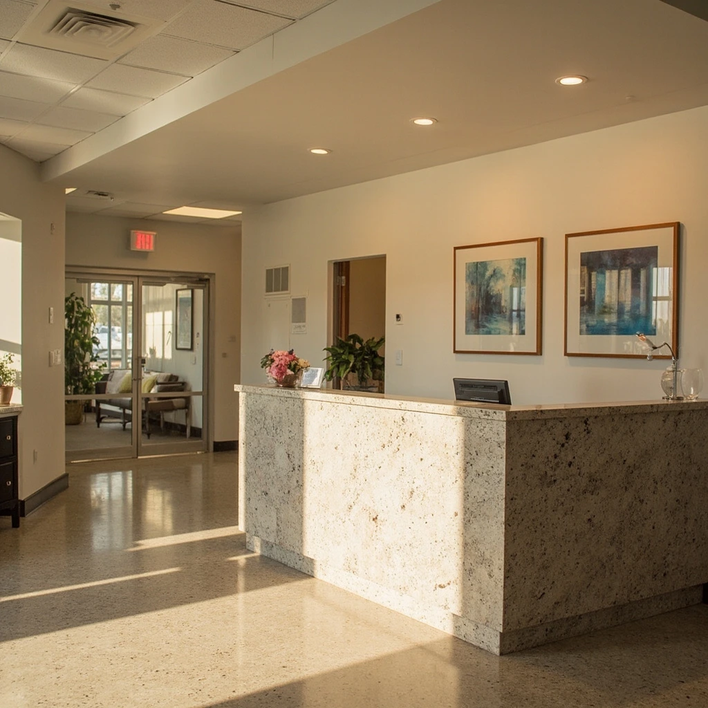 Quincy clinic reception with granite counter and framed local art.